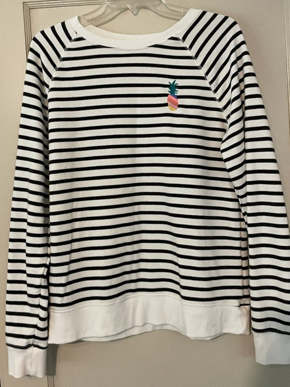 Old Navy: White and Black Stripe Crew-neck Sweatshirt, Rainbow Pineapple Detail